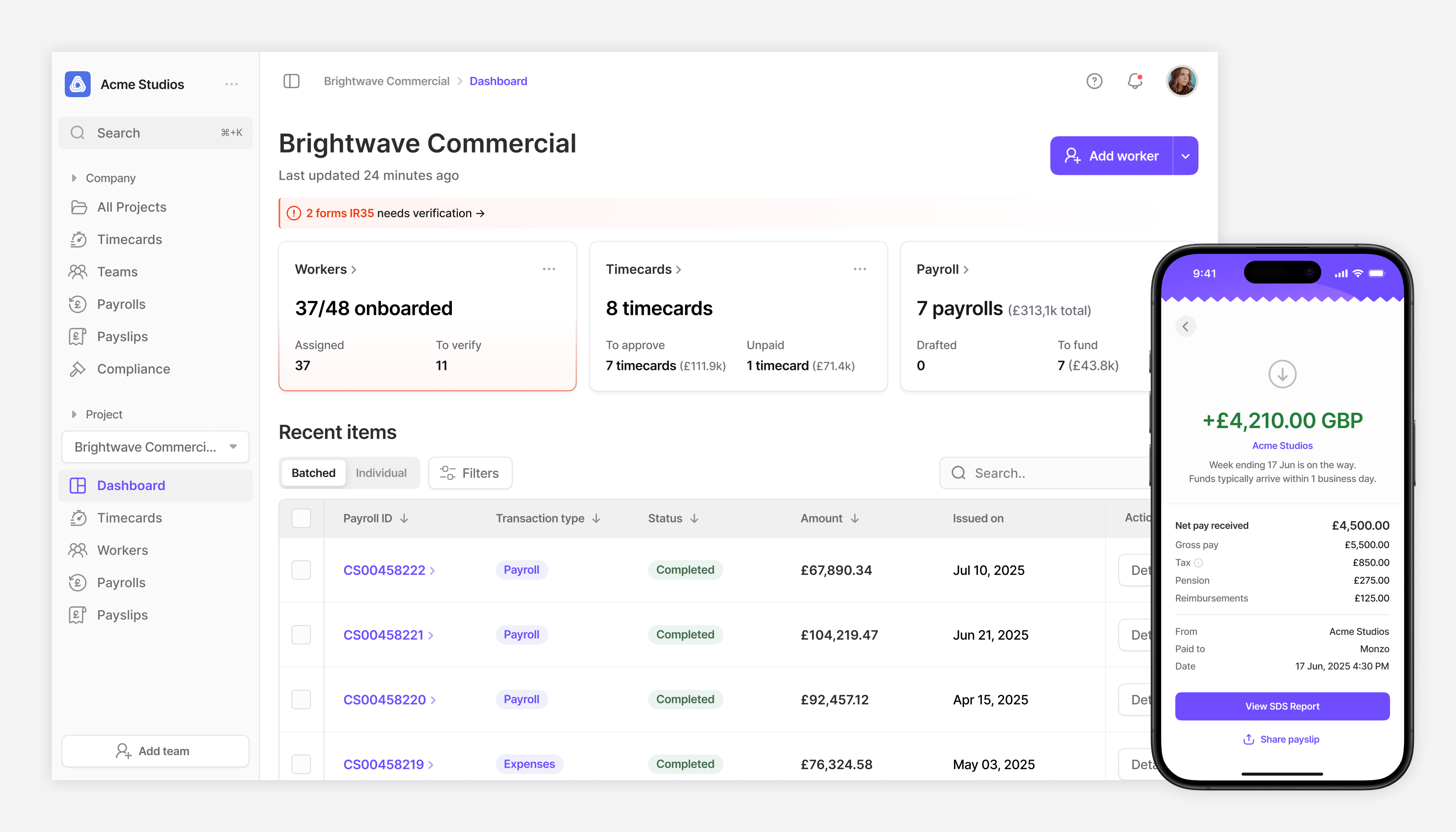 Payroll dashboard and mobile companion